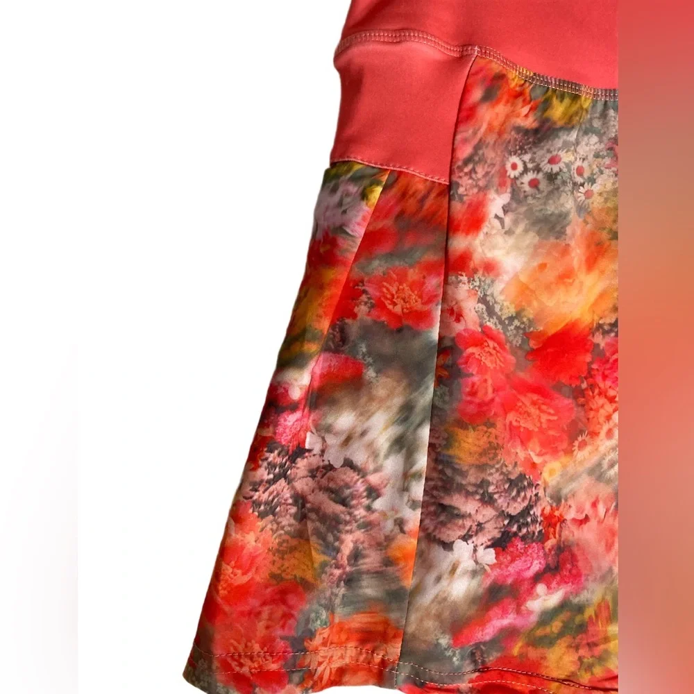 Vogo Persimmon Orange Floral Pleated Skort Skirt Tennis‎ Golf Pickleball - Large